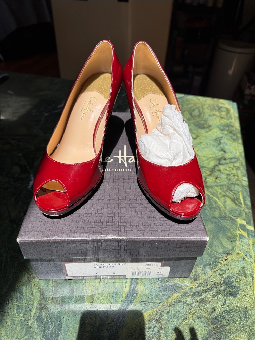 Cole Haan Carma OT Air Pumps in Wine Patent leather. Peep-toe slim stiletto heel